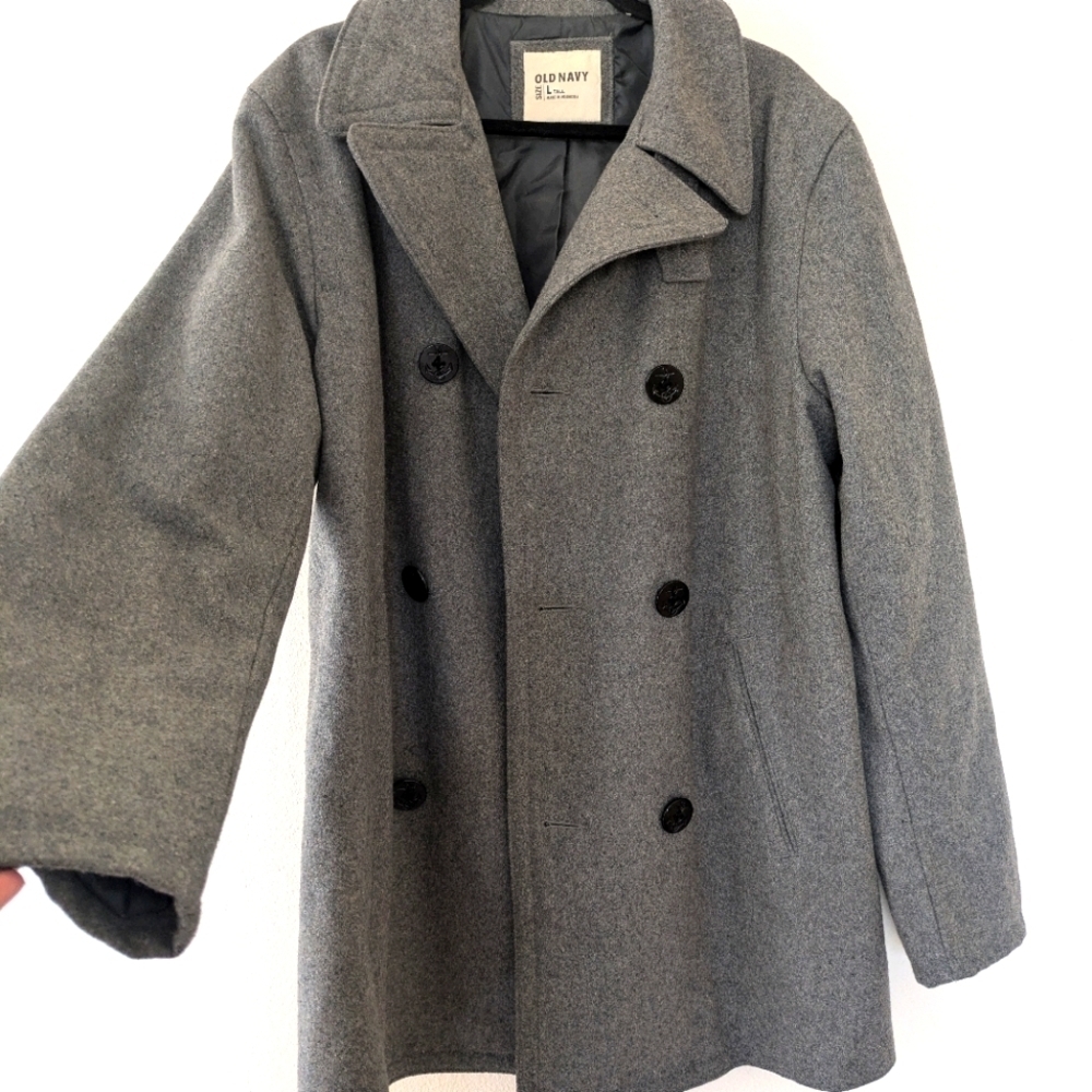 Vintage Old Navy Men's Wool Gray Double Breasted Peacoat size L Tall Classic - Picture 2 of 12